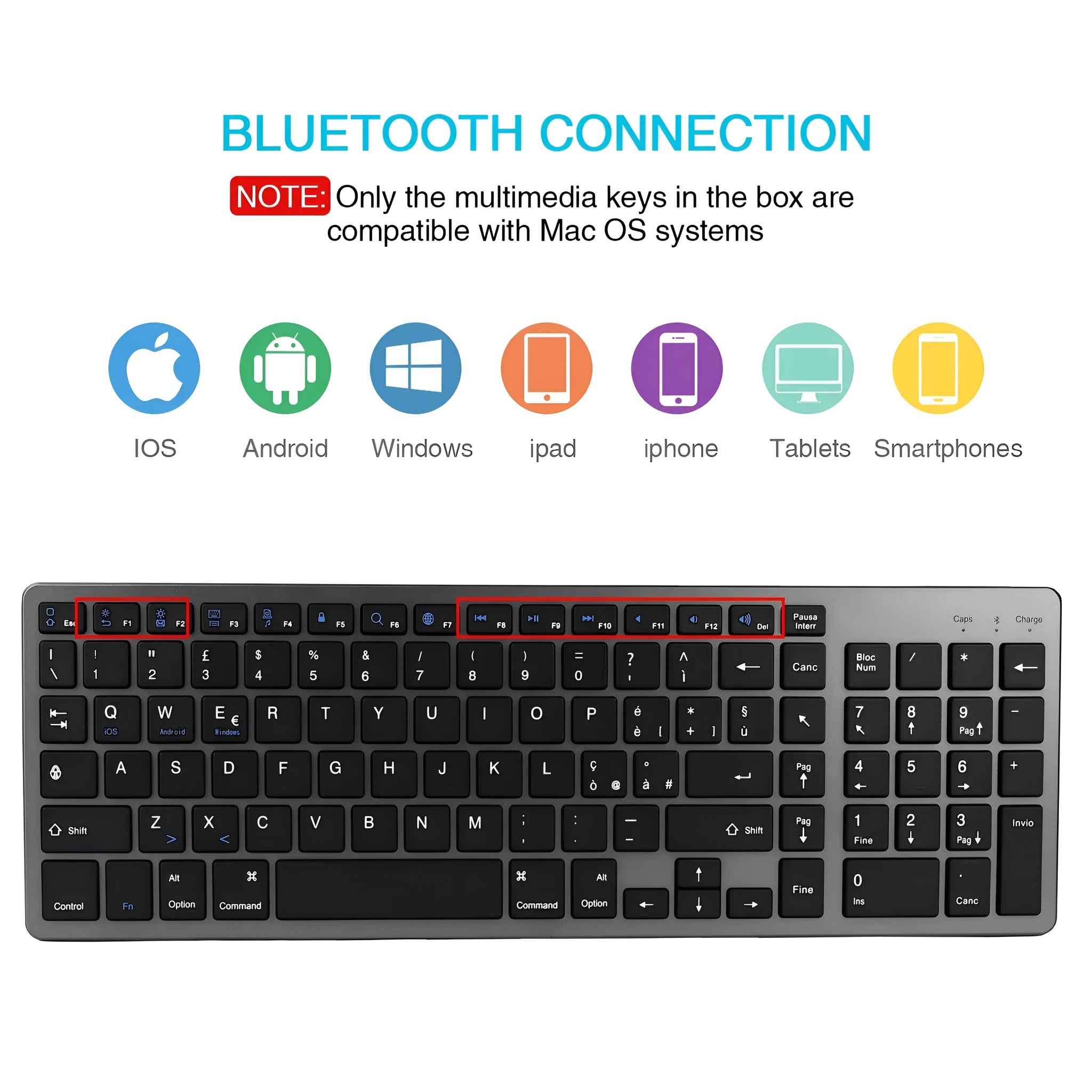 White universal rechargeable Bluetooth keyboard next to a tablet on a desk.
