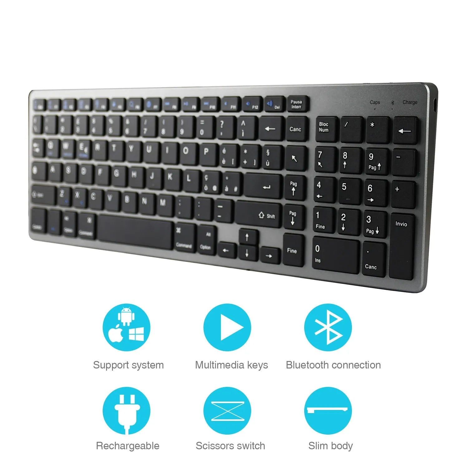 White universal rechargeable Bluetooth keyboard next to a tablet on a desk.