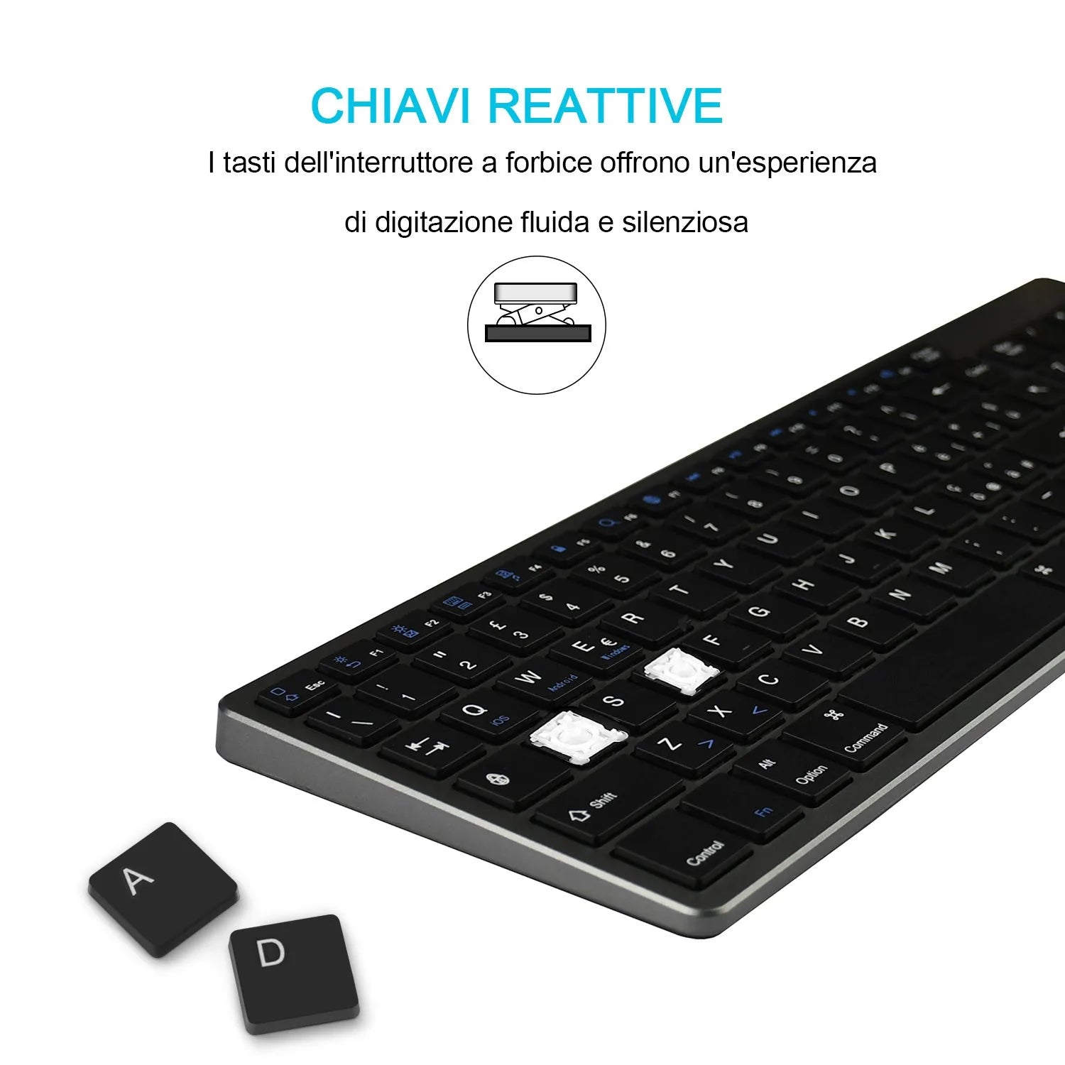 White universal rechargeable Bluetooth keyboard next to a tablet on a desk.