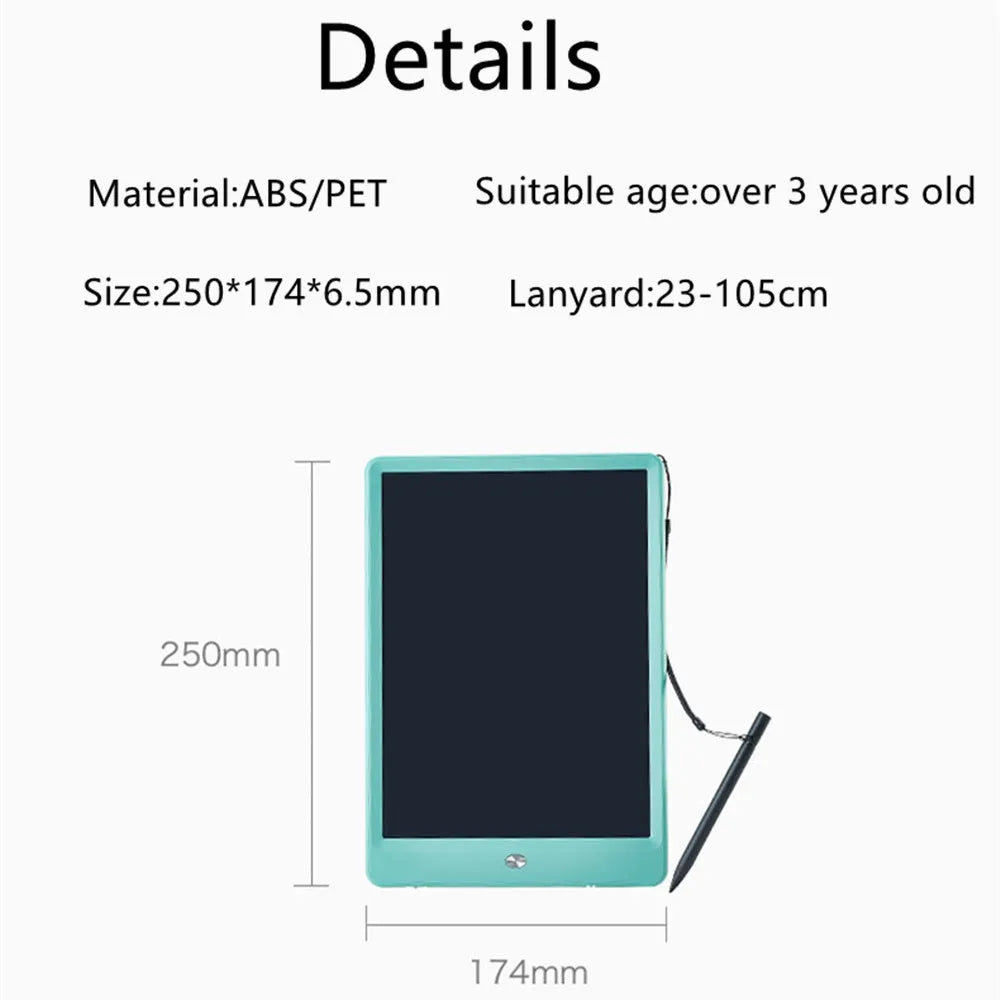 10 Inch Children's LCD Writing tablet with colourful screen, blue bezel, and stylus on white background