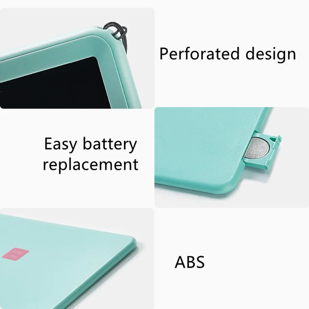 10 Inch Children's LCD Writing tablet with colourful screen, blue bezel, and stylus on white background