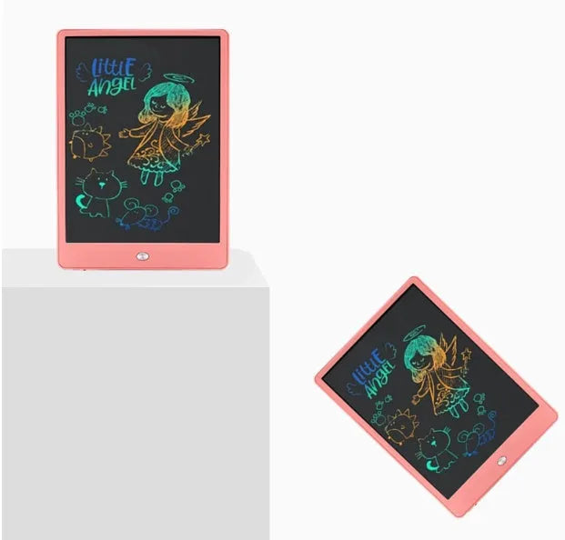 10 Inch Children's LCD Writing tablet with colourful screen, blue bezel, and stylus on white background