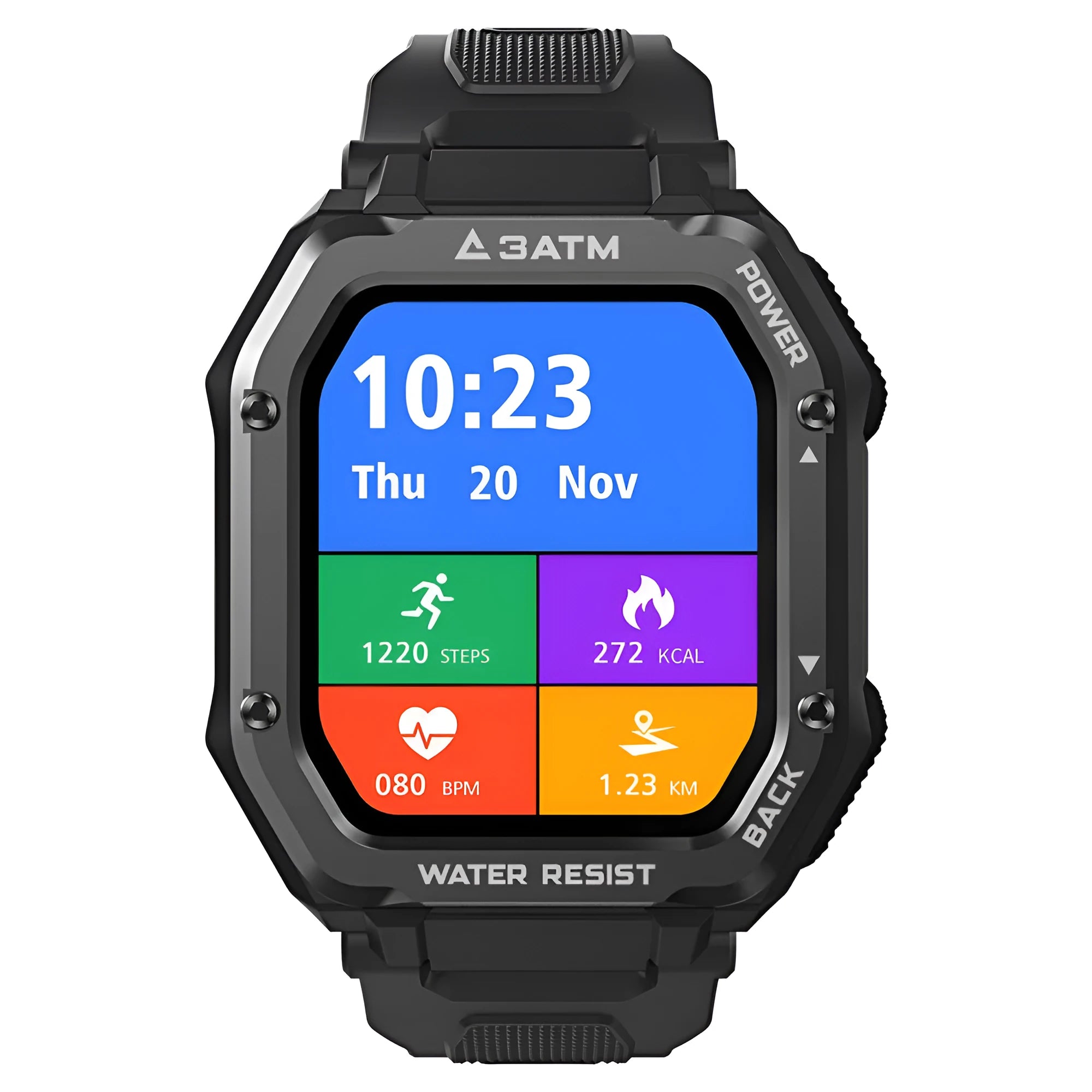 Outdoor sports rugged smart watch with 1.69 inch display showing sports metrics on wrist