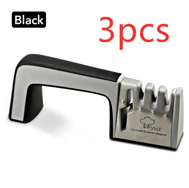 Four-in-one multifunction kitchen knife sharpener in black and cyan colour with stainless steel body.