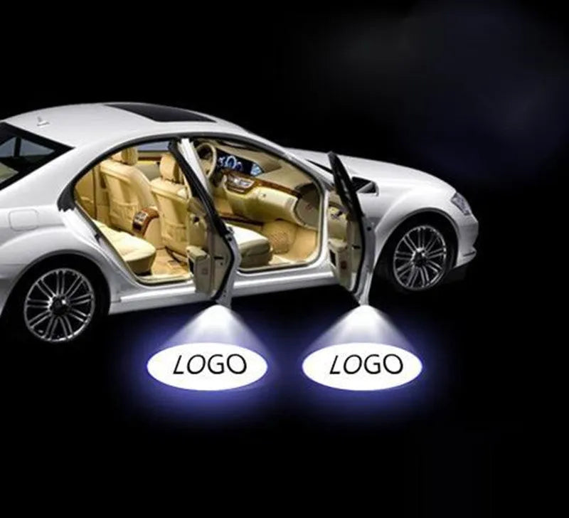 Black 12V car door LED projection lamp with RDW E4 certification projecting car brand logo onto ground
