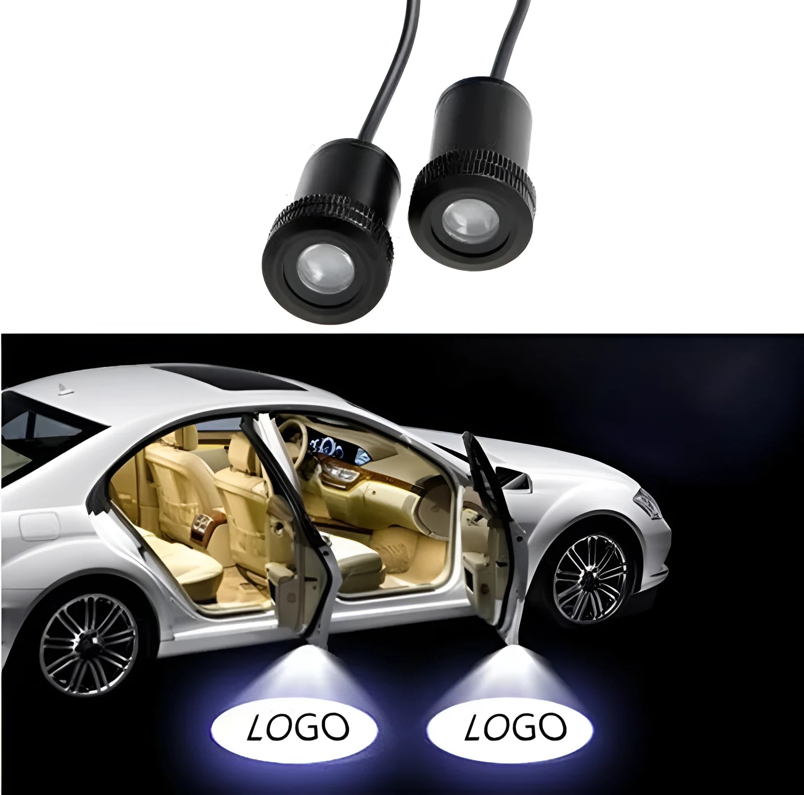 Black 12V car door LED projection lamp with RDW E4 certification projecting car brand logo onto ground