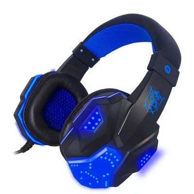PC780 gaming headphones in black and blue, showing head-mounted design with microphone.
