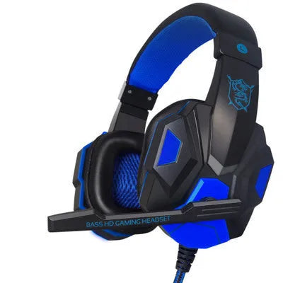 PC780 gaming headphones in black and blue, showing head-mounted design with microphone.