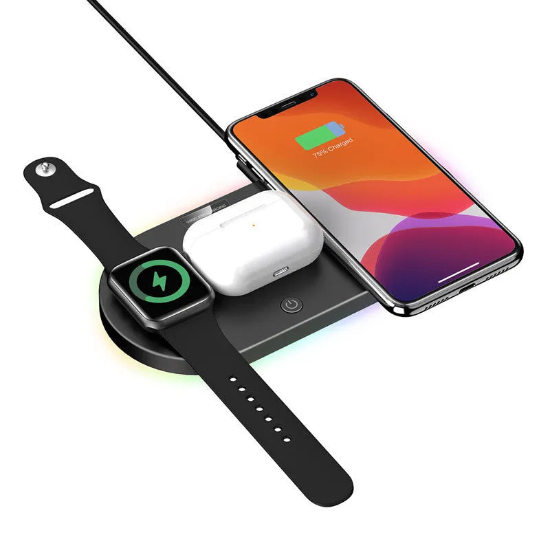 Black and white desktop wireless charger with 15W fast charging and LED indicator