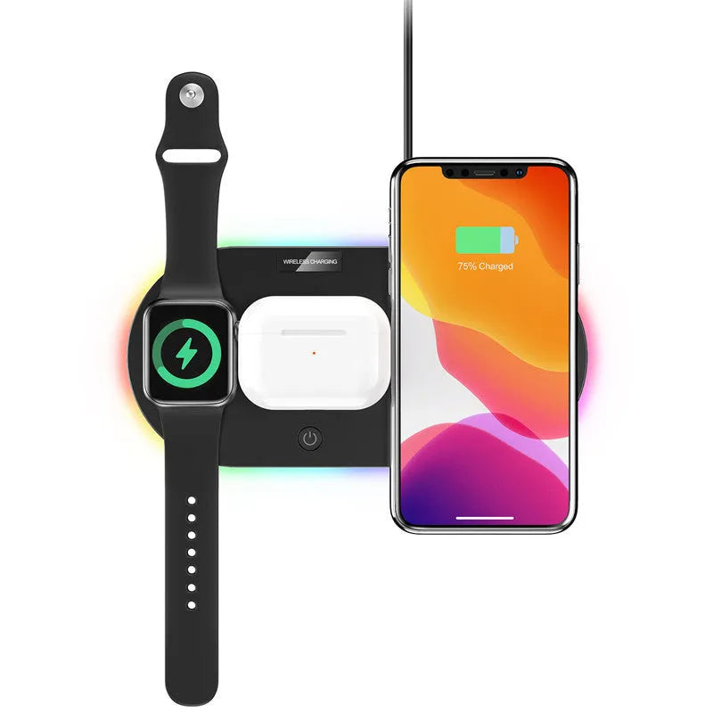 Black and white desktop wireless charger with 15W fast charging and LED indicator