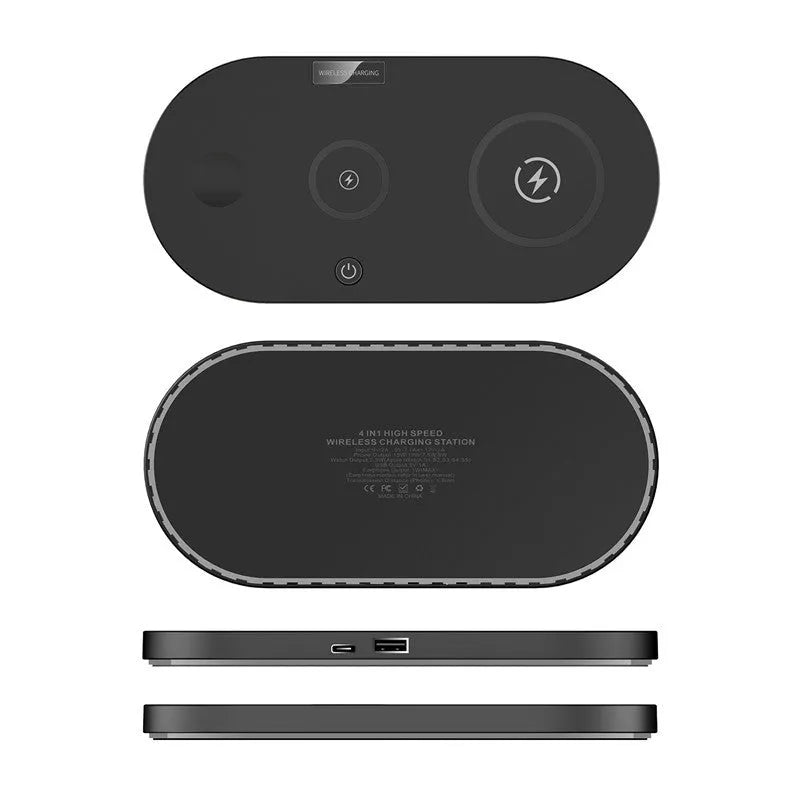 Black and white desktop wireless charger with 15W fast charging and LED indicator
