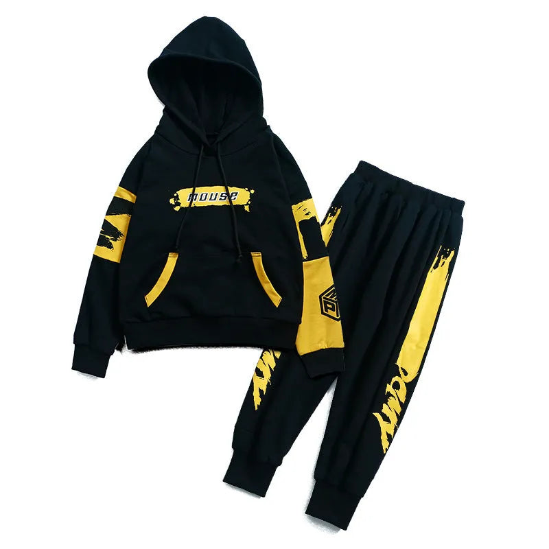 Boys' black and yellow hooded cotton tracksuit set with letter print, shown in sizes 110-160.