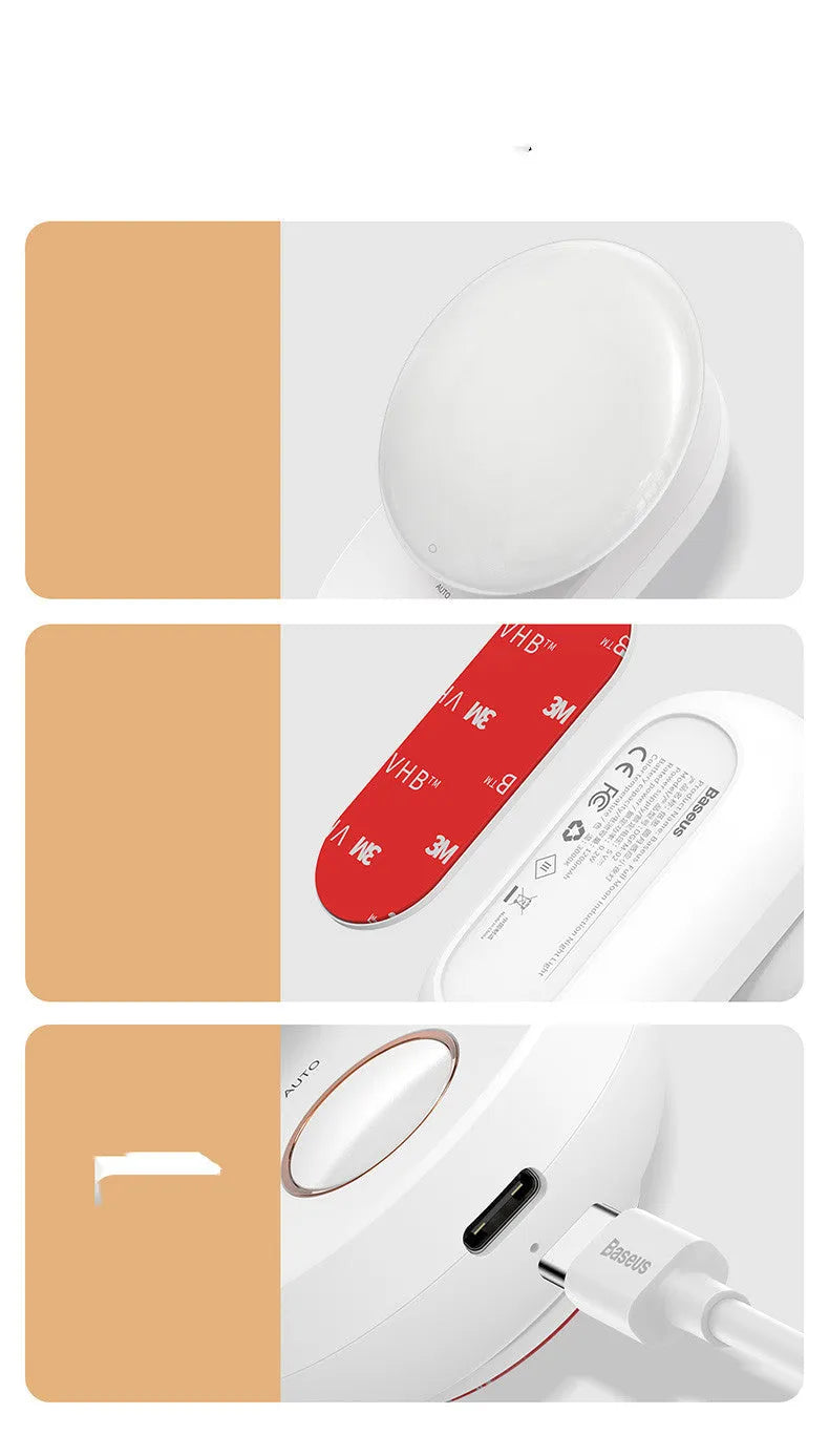 White Baseus rechargeable motion sensor bedside night light with LED glow, shown on a table.