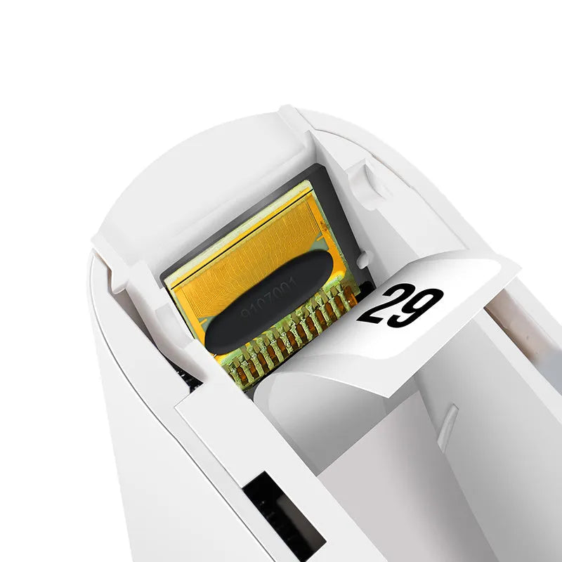 Handheld Bluetooth thermal label printer with label roll inserted, compact 130x75x28mm size