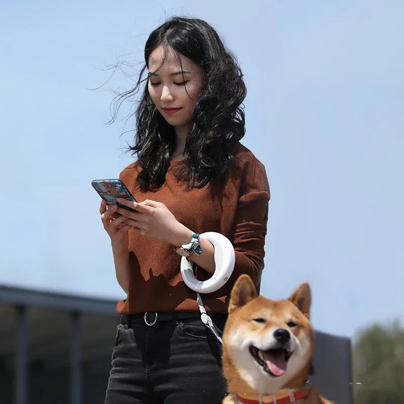 Retractable dog leash in grey with ABS housing and collar clip, shown on a white background