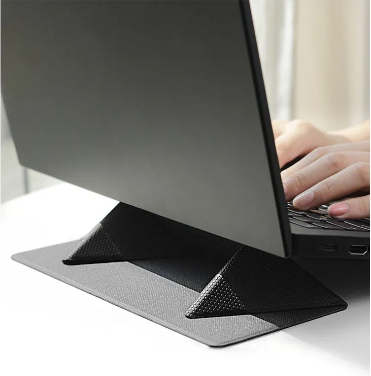 Blue portable laptop cooling bracket with anti-slip surface, shown open in use and folded for storage.