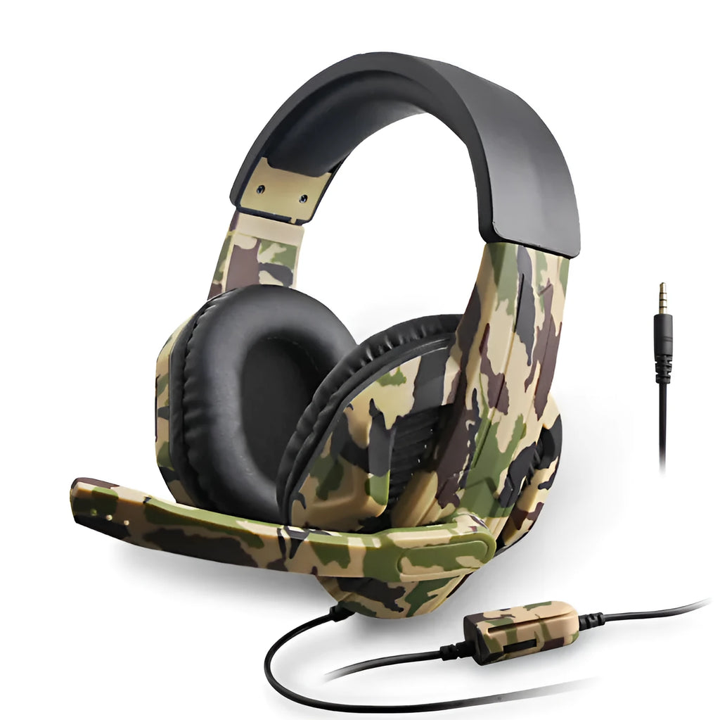Camouflage colour PS4 and PC wired gaming headset with light-up feature and 3.5mm plug.