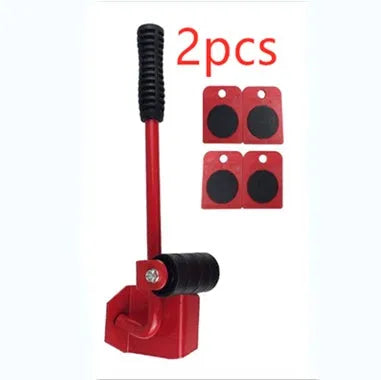 Furniture moving lifter tool set with red pry bar and four square pulleys, 10 x 8 cm, 150 kg capacity