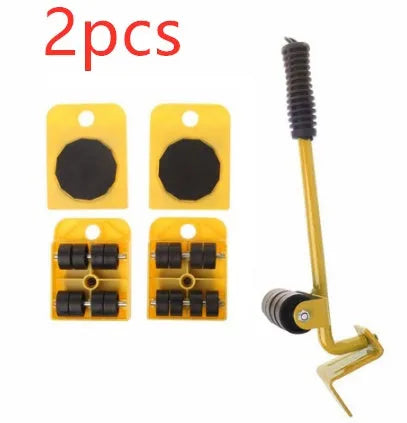 Furniture moving lifter tool set with red pry bar and four square pulleys, 10 x 8 cm, 150 kg capacity