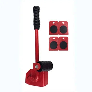 Furniture moving lifter tool set with red pry bar and four square pulleys, 10 x 8 cm, 150 kg capacity