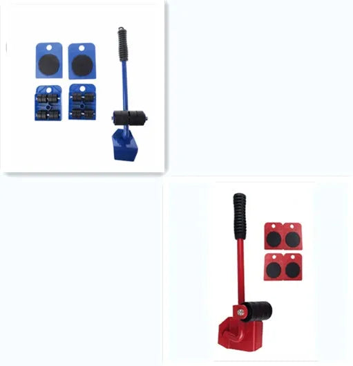 Furniture moving lifter tool set with red pry bar and four square pulleys, 10 x 8 cm, 150 kg capacity