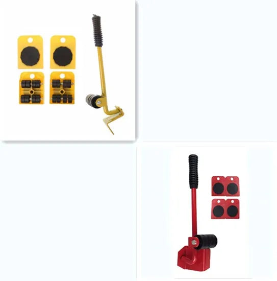 Furniture moving lifter tool set with red pry bar and four square pulleys, 10 x 8 cm, 150 kg capacity