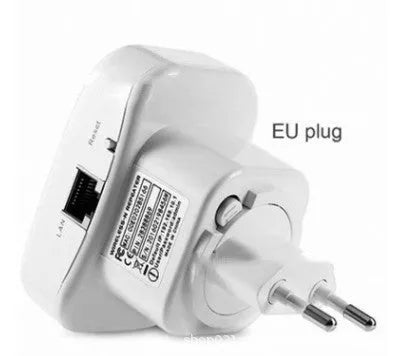 Black and white WiFi repeater signal amplifier with multi-region plugs and a network cable.