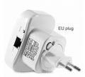Black and white WiFi repeater signal amplifier with multi-region plugs and a network cable.