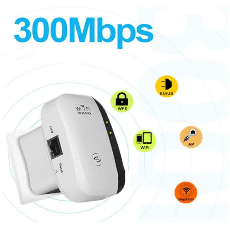 Black and white WiFi repeater signal amplifier with multi-region plugs and a network cable.
