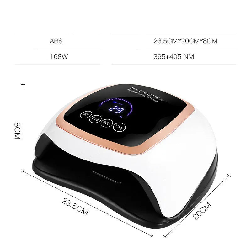BLUEQUE V3 168W UV LED nail lamp with 42 gold wire beads, ABS plastic housing, compact 23.5cm x 20cm x 8cm