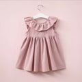 Girls' cotton pleated halter dress with bow detail in pink or wine red, sizes 90cm to 130cm for ages 3 to 8