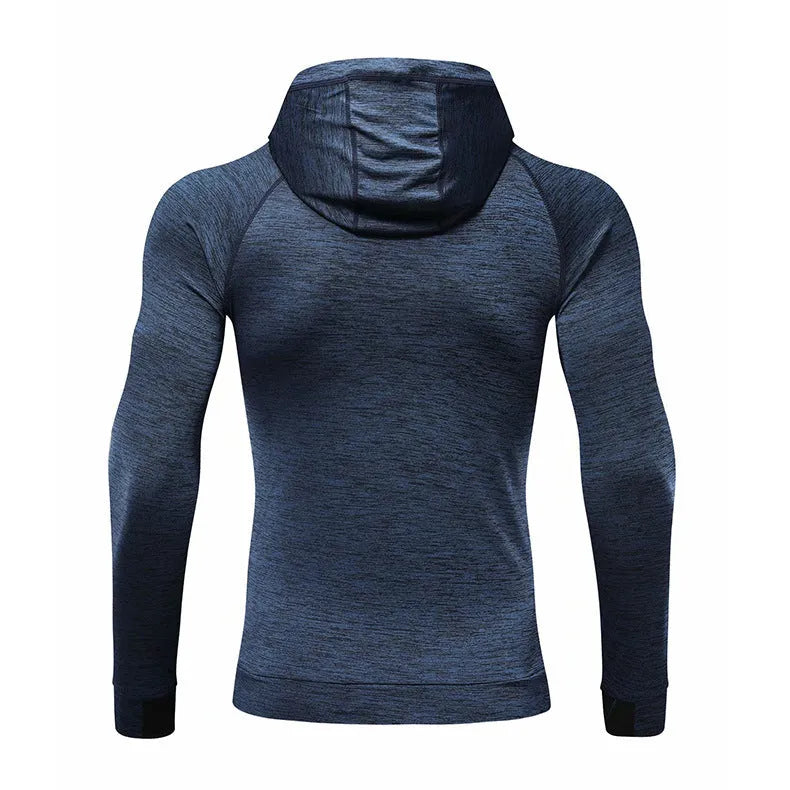 Men's hooded long sleeve running top in blue, dark grey or light grey, plain sports design, sizes M to XXXL.