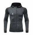 Men's hooded long sleeve running top in blue, dark grey or light grey, plain sports design, sizes M to XXXL.