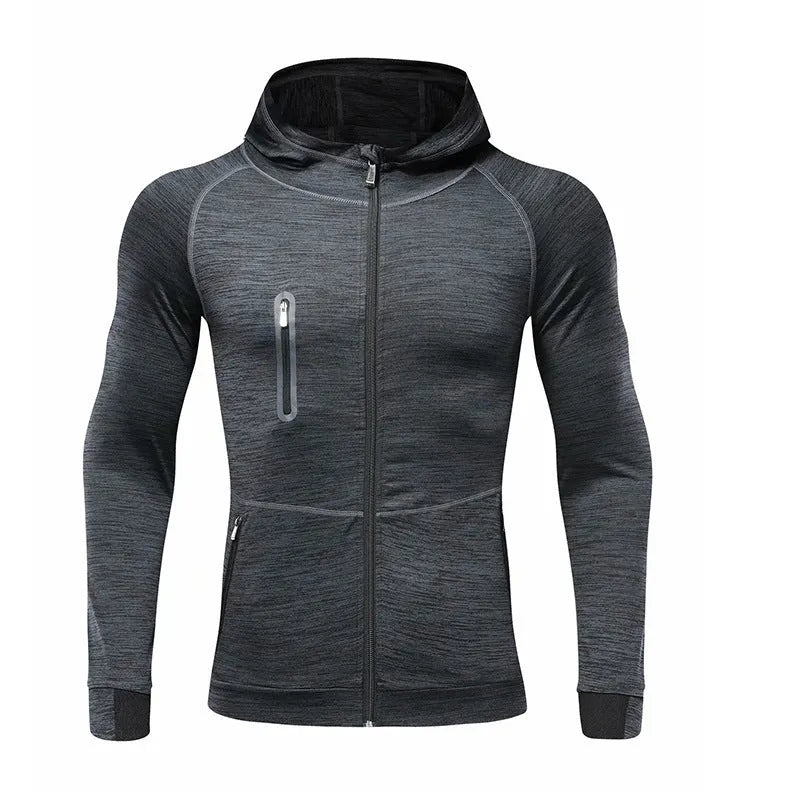 Men's hooded long sleeve running top in blue, dark grey or light grey, plain sports design, sizes M to XXXL.
