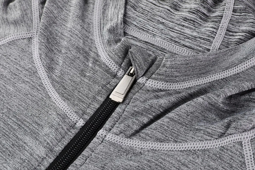 Men's hooded long sleeve running top in blue, dark grey or light grey, plain sports design, sizes M to XXXL.