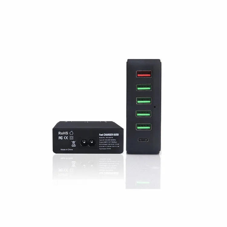 Black multi-port USB mobile phone charger with 8000mA current, 5V output and AU EU UK US model options