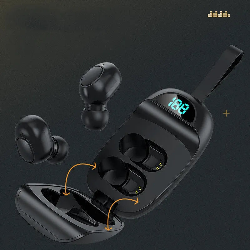 Binaural stereo call earbud wireless headset in black and white with Bluetooth 5.0 capability