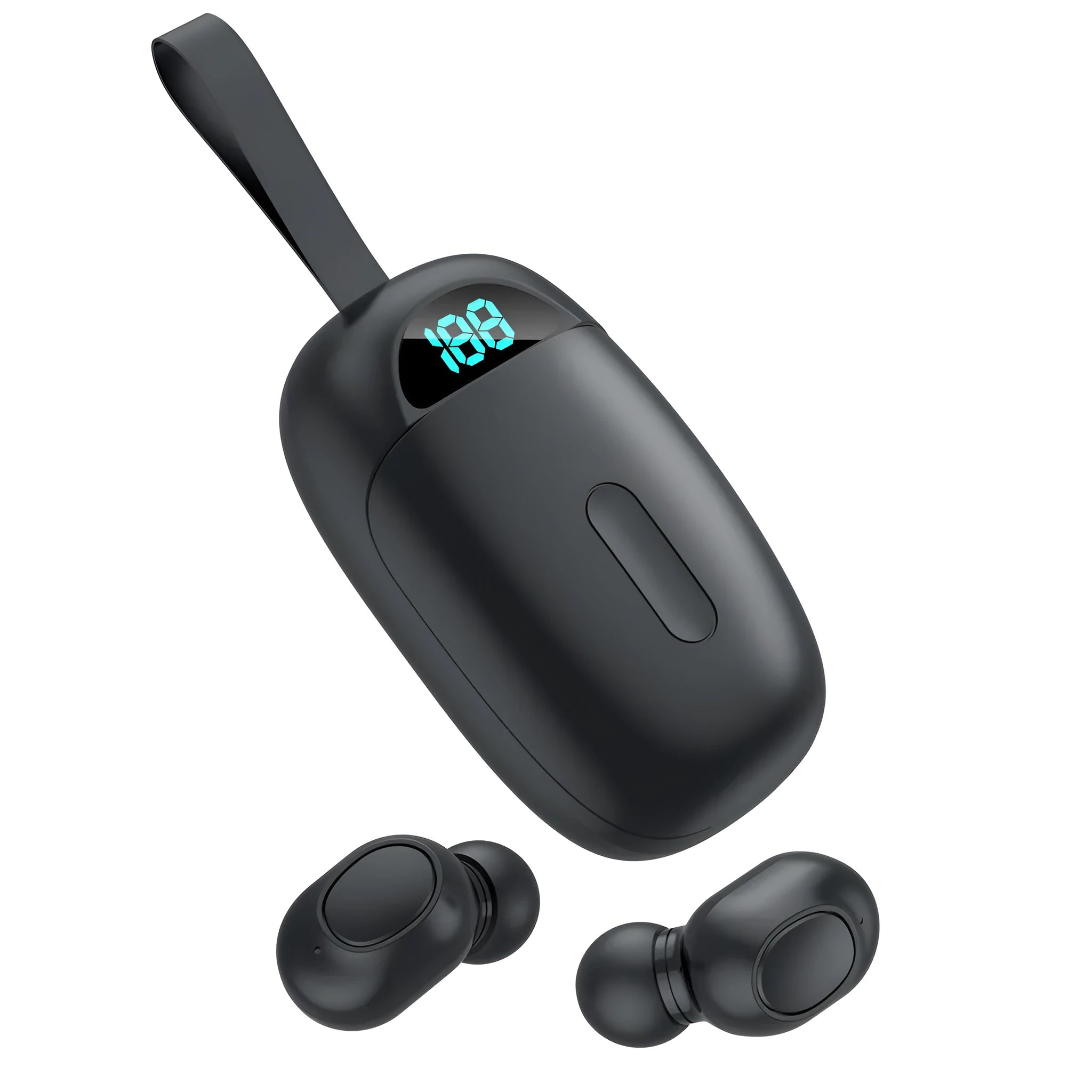 Binaural stereo call earbud wireless headset in black and white with Bluetooth 5.0 capability