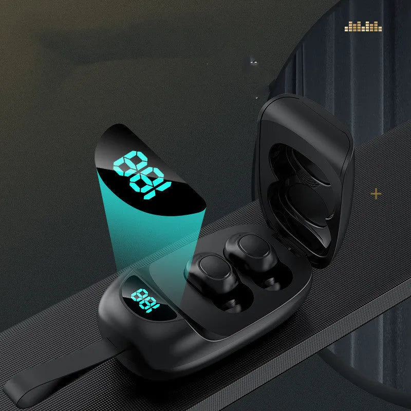 Binaural stereo call earbud wireless headset in black and white with Bluetooth 5.0 capability