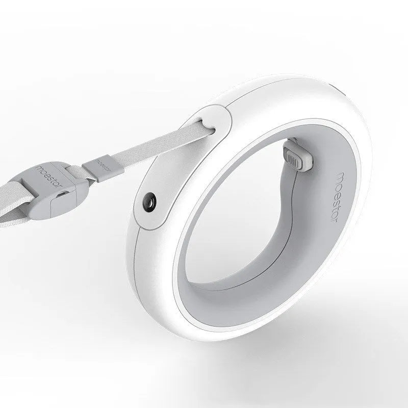 Retractable dog leash in grey with ABS housing and collar clip, shown on a white background