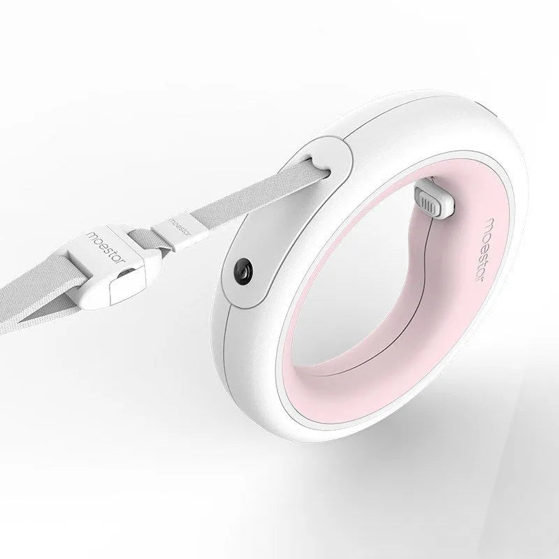 Retractable dog leash in grey with ABS housing and collar clip, shown on a white background