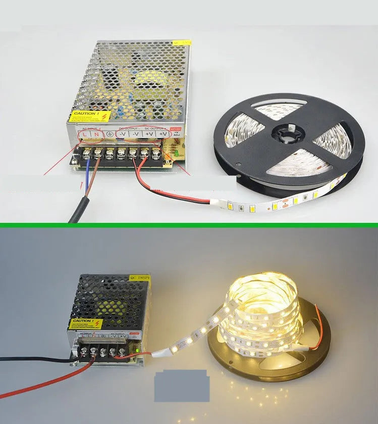 12V white LED light strip on a flexible belt for shelf and counter lighting in shops.