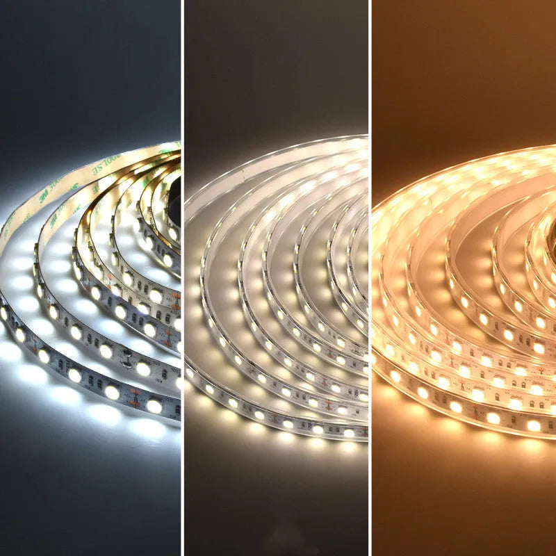 12V white LED light strip on a flexible belt for shelf and counter lighting in shops.