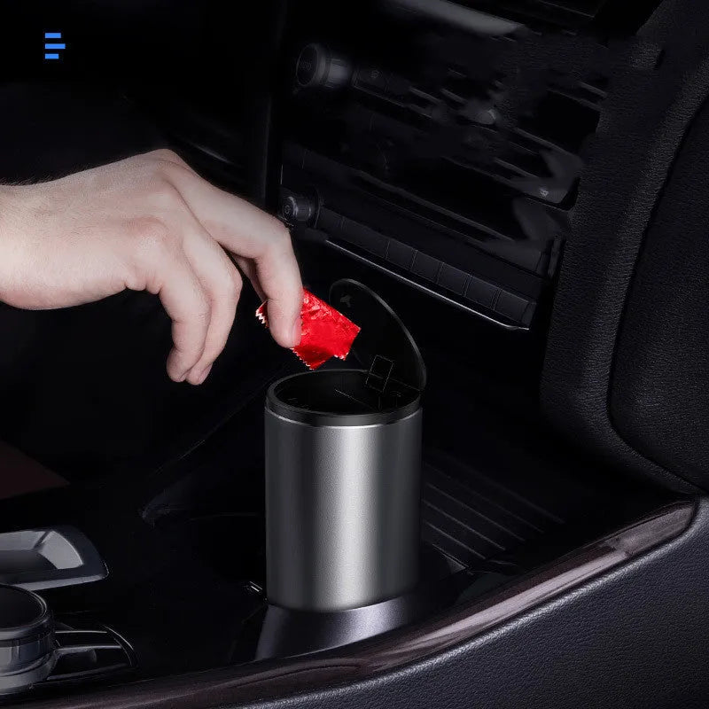 Alloy car trash bin with click-open lid, 500mL capacity, black or space grey, for cup holder or office desk