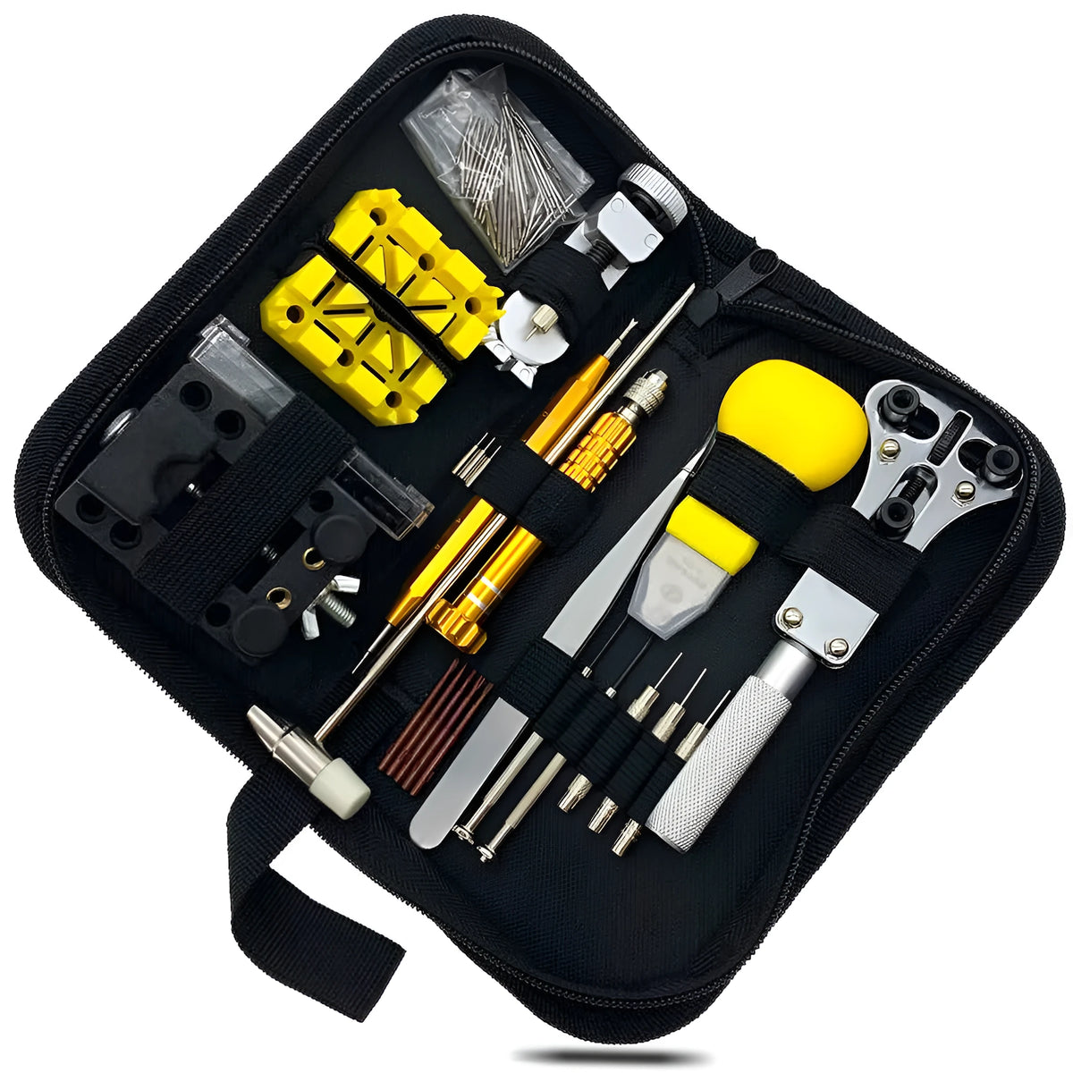 148-piece alloy steel watch repair tool set in a 20.5 x 10 x 4.5 cm case, available in black, blue, or gold.