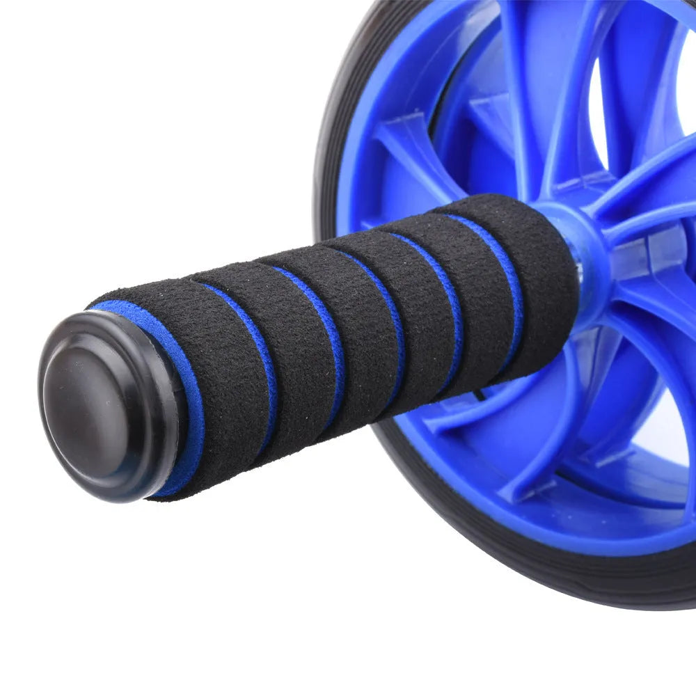Blue multifunctional abdominal wheel 6-piece training set with ab roller, push-up bars, hand gripper, and knee pad on a grey background