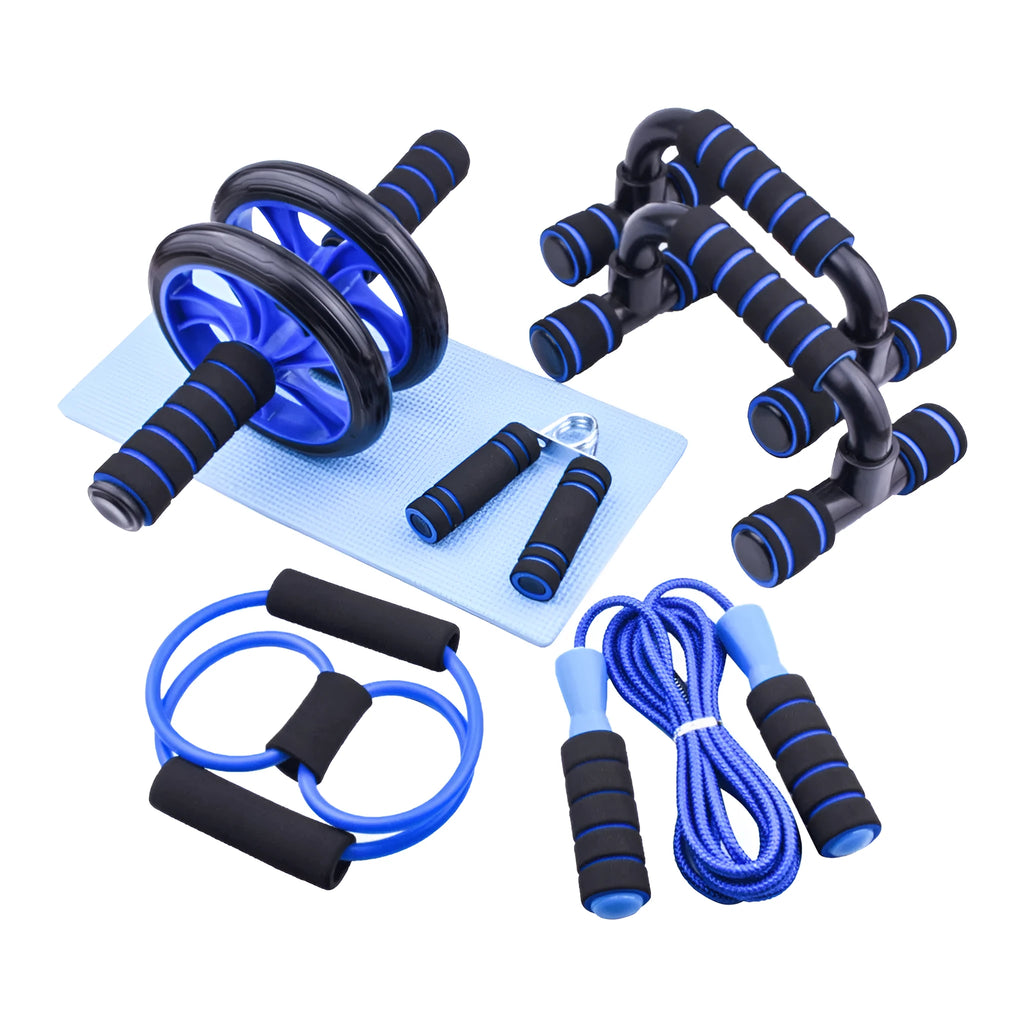 Blue multifunctional abdominal wheel 6-piece training set with ab roller, push-up bars, hand gripper, and knee pad on a grey background