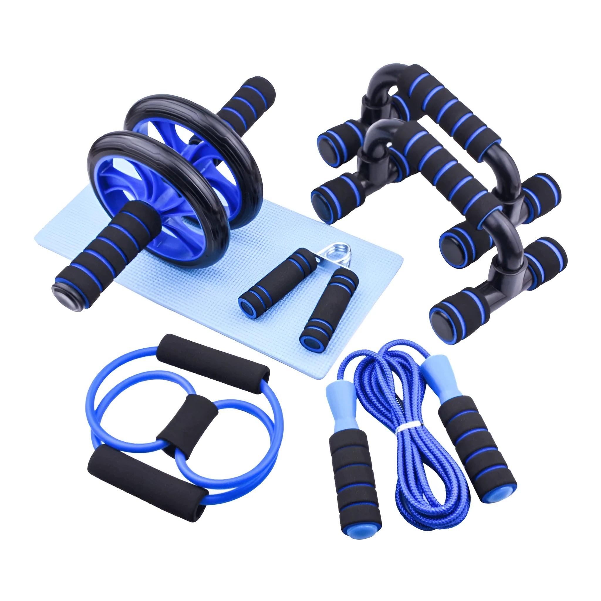 Blue multifunctional abdominal wheel 6-piece training set with ab roller, push-up bars, hand gripper, and knee pad on a grey background