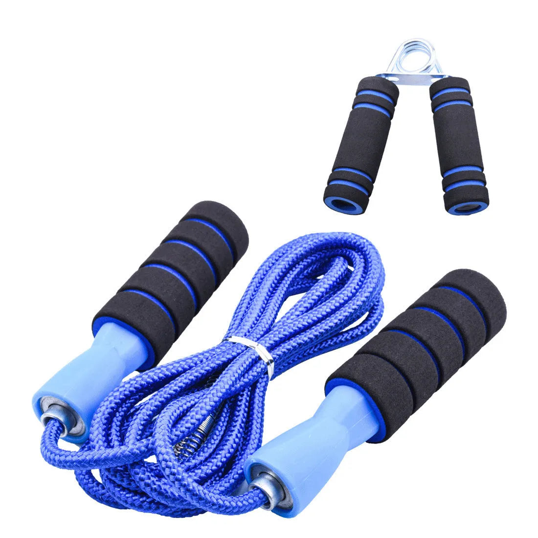 Blue multifunctional abdominal wheel 6-piece training set with ab roller, push-up bars, hand gripper, and knee pad on a grey background