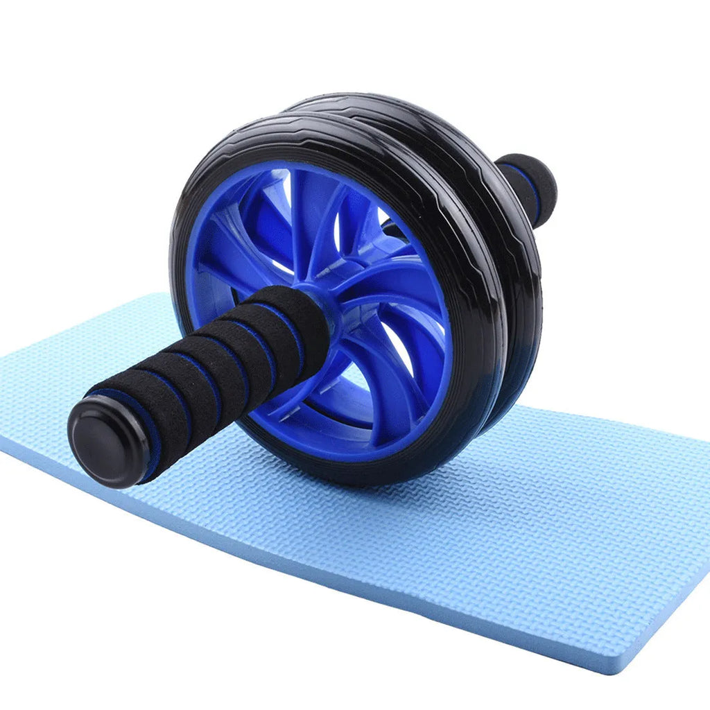 Blue multifunctional abdominal wheel 6-piece training set with ab roller, push-up bars, hand gripper, and knee pad on a grey background
